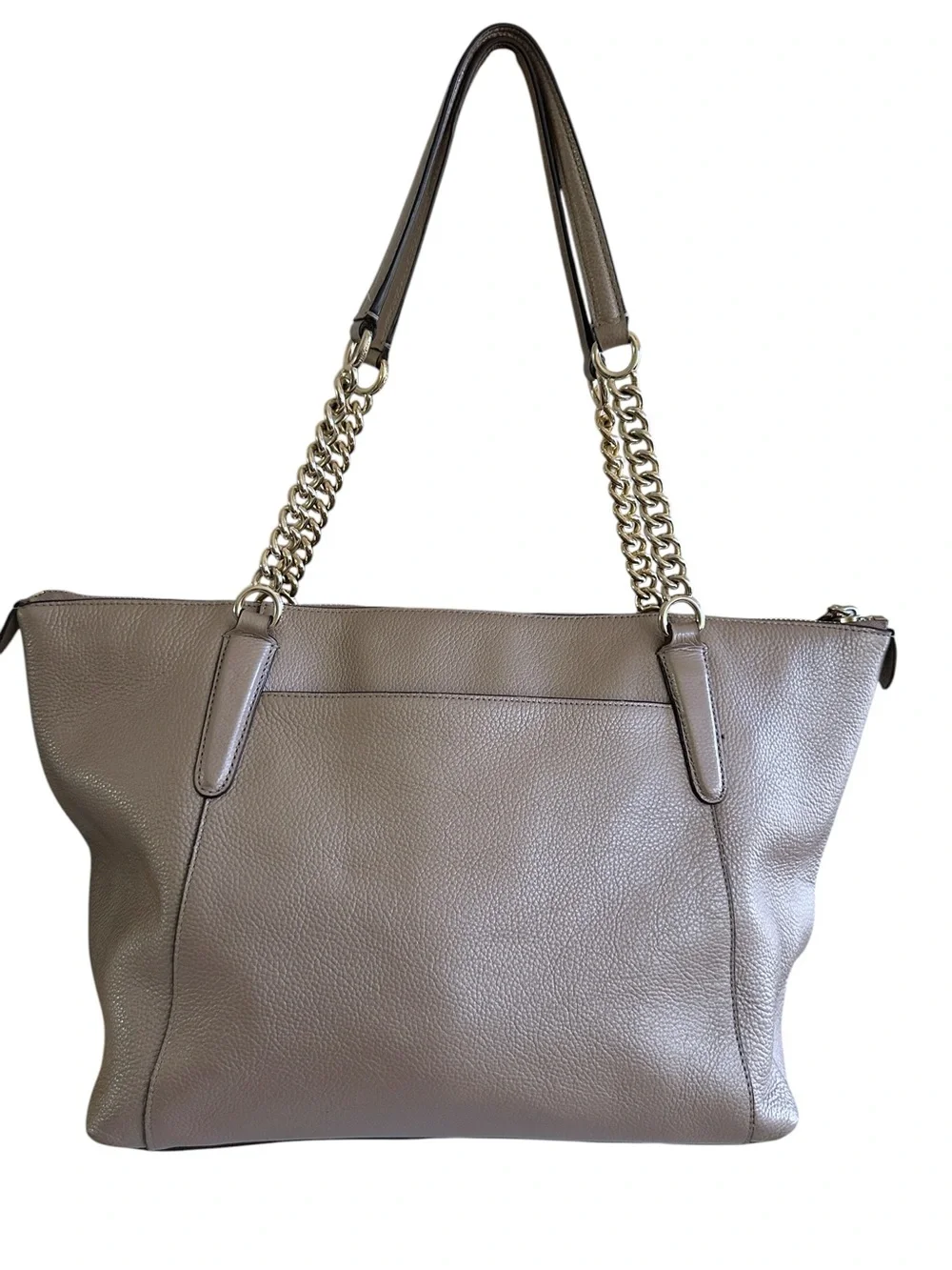 Coach Ava Champagne Gold Pebble‎ Leather Chain Tote Zip Top Shoulder Bag Large